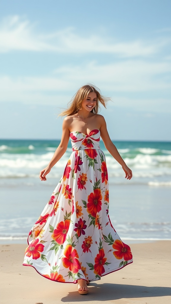 A woman in a flowy maxi dress with floral prints walking on the beach.