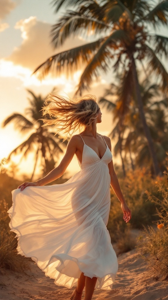 7 Essential Items for the Perfect Classic White Beach Outfit 2 A woman in a white flowy sun dress walking on a sandy beach with palm trees during sunset