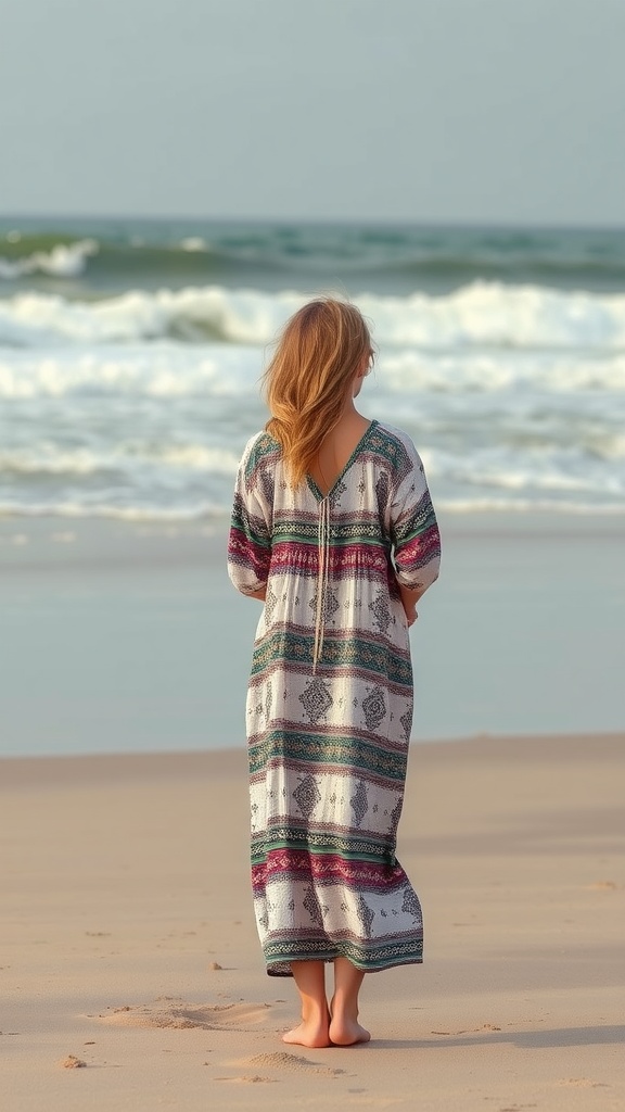 A woman in a bohemian midi dress standing barefoot on the beach, looking at the ocean waves.