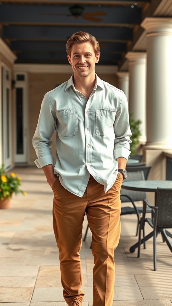 15 Stylish Summer Outfits to Keep You Cool and Chic 24 A man in a light blue button-down shirt and tan pants smiling while walking outside.