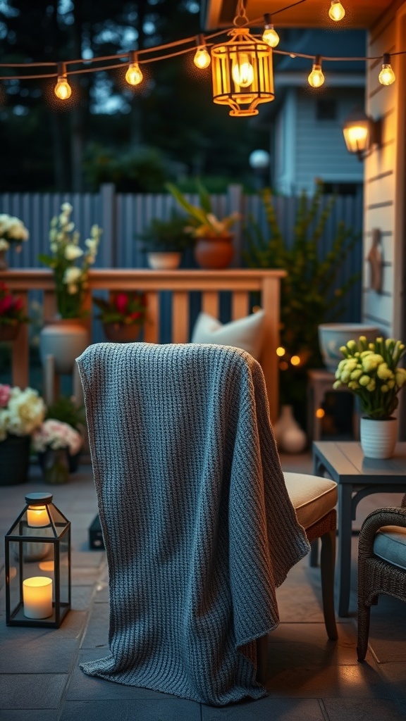 A lightweight cardigan draped over a chair in a cozy outdoor setting with string lights