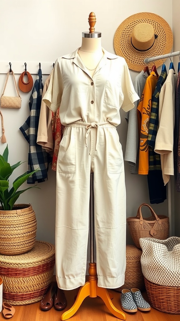 A lightweight linen jumpsuit displayed on a mannequin, surrounded by other clothing and accessories.