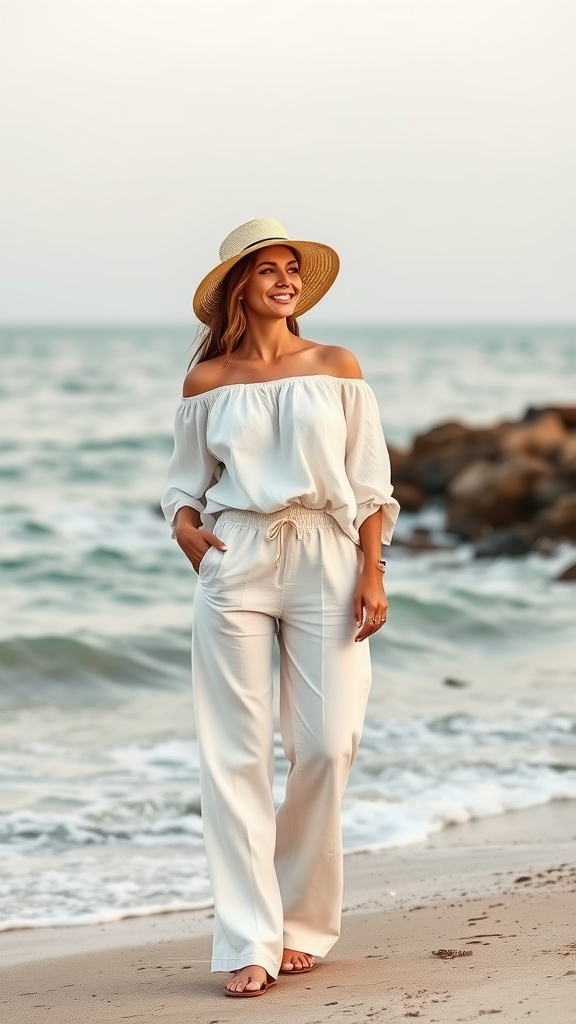 A woman wearing lightweight linen pants and an off-shoulder blouse at the beach.