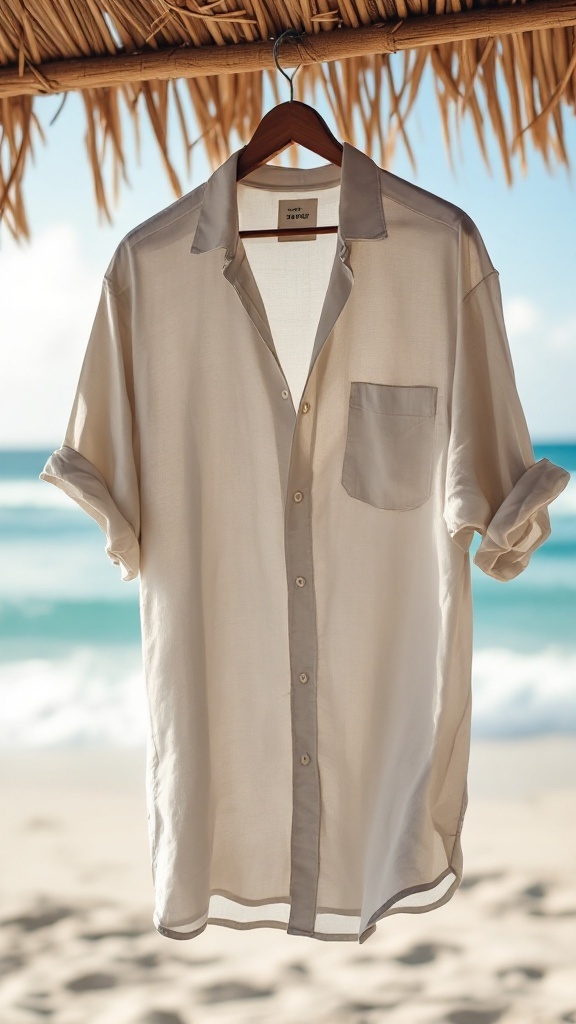 7 Essential Items for the Perfect Classic White Beach Outfit 1 Lightweight linen shirt hanging near a beach