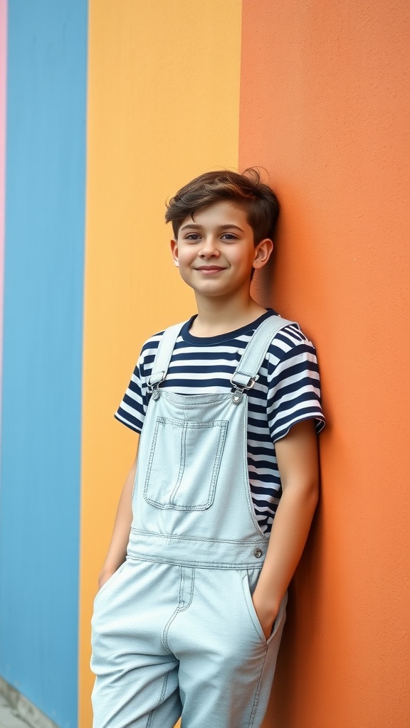 A young person wearing lightweight overalls and a striped tee against a colorful wall.