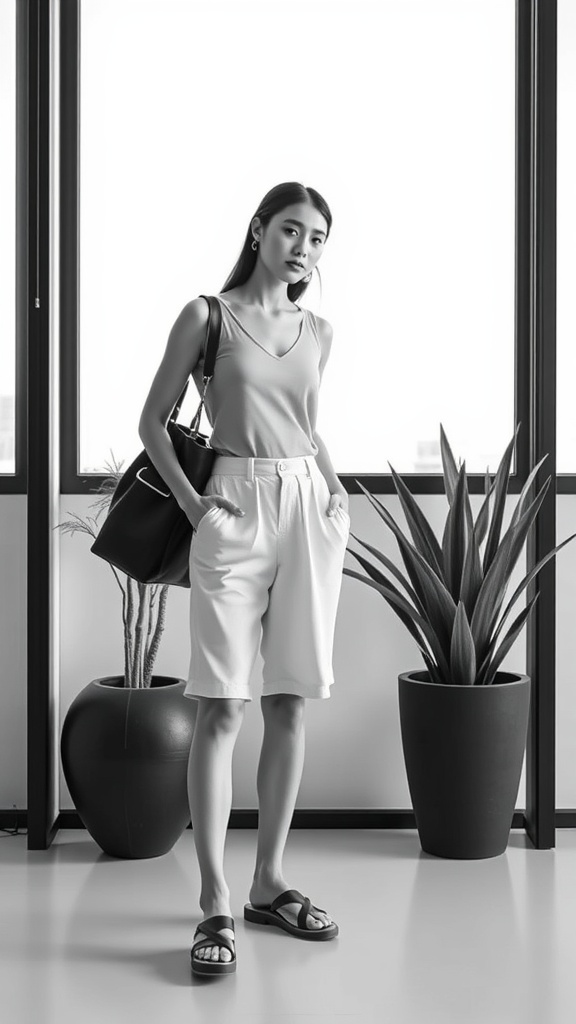 A woman in a minimalist monochrome outfit featuring a tank top and tailored shorts, standing indoors with plants.