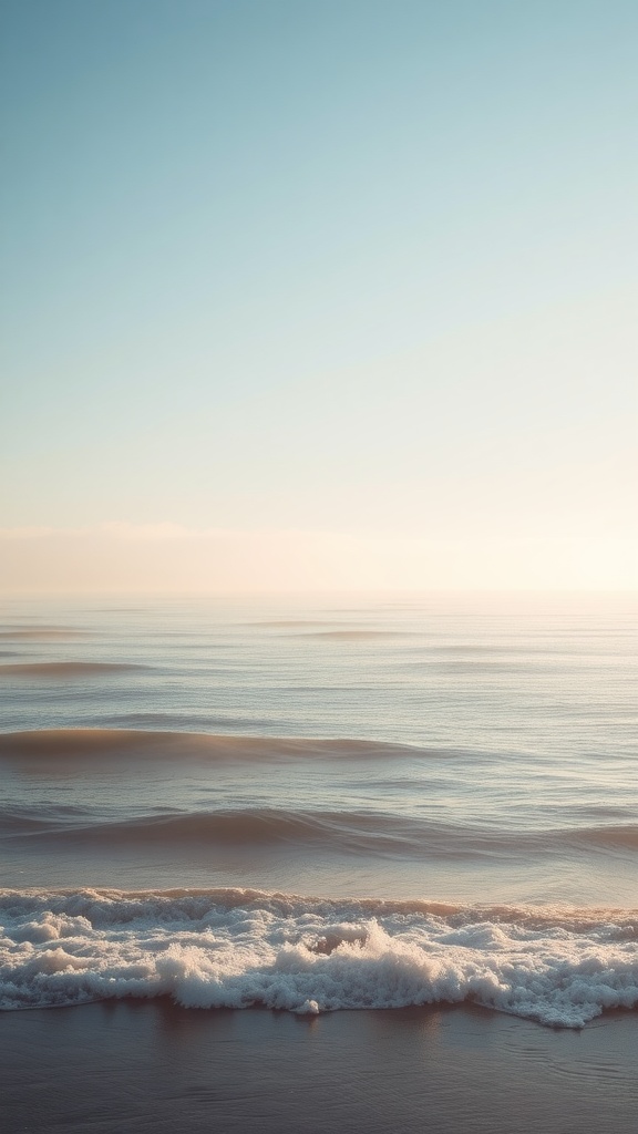 A misty ocean morning with gentle waves and a clear sky.