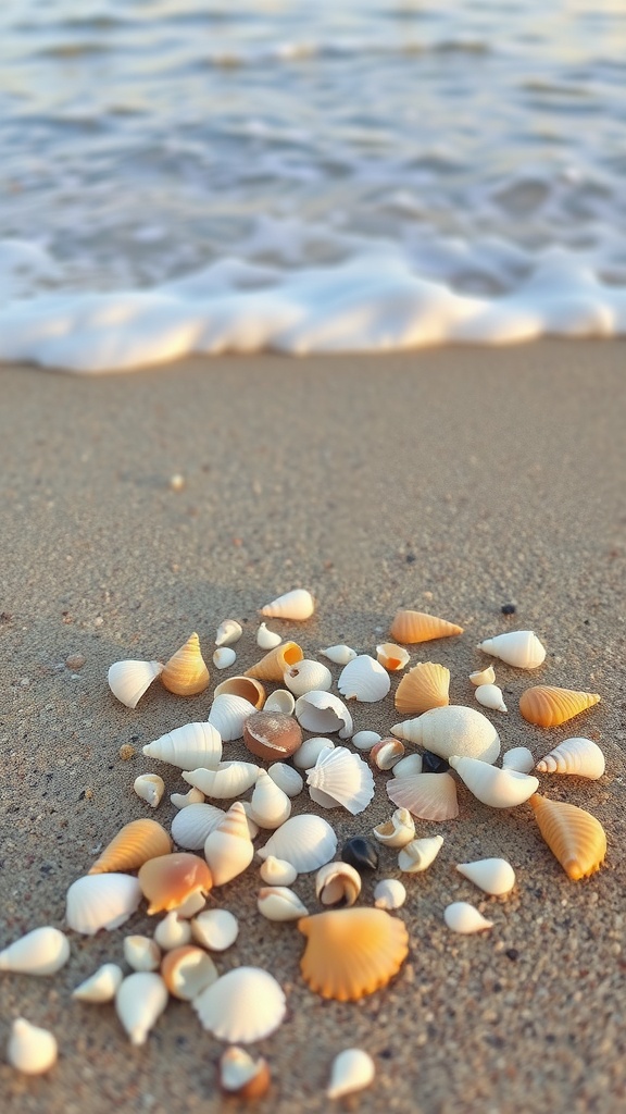 A collection of seashells scattered on a sandy beach with gentle ocean waves in the background.