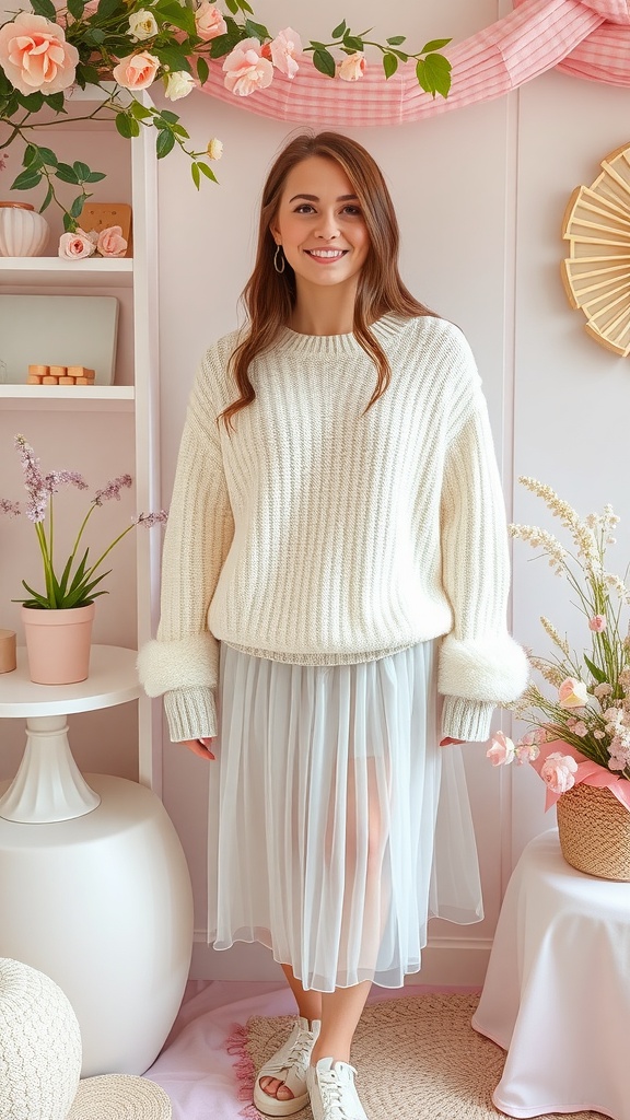 A cute summer outfit featuring a creamy knitted sweater and a flowing white tulle skirt, displayed in a bright room with pastel decorations.