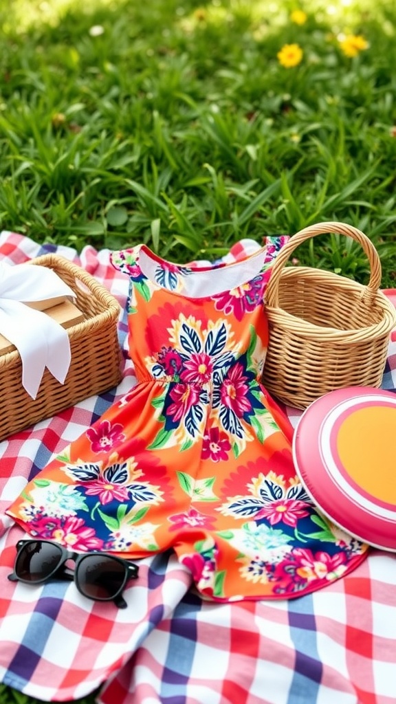 A colorful floral romper on a picnic blanket with frisbees and a basket