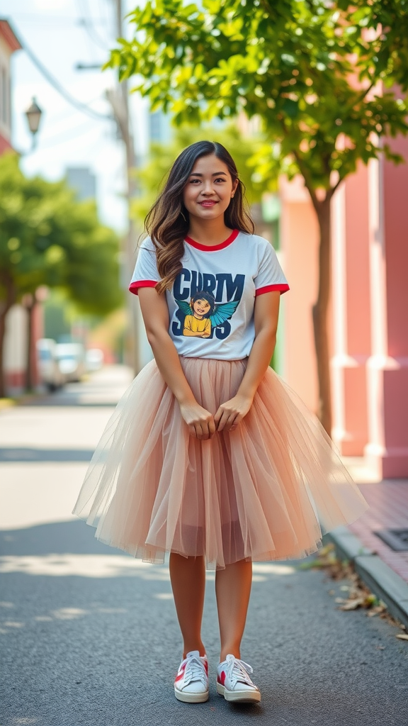 A young woman wearing a playful pink tulle skirt and a graphic tee, standing on a sunny street.