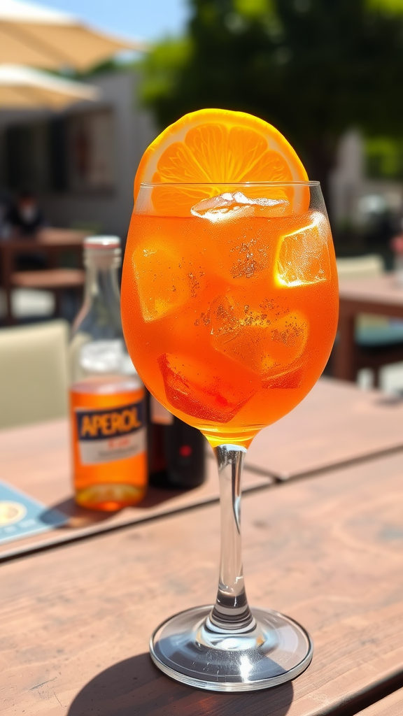 A refreshing Aperol Spritz cocktail in a wine glass with ice and an orange slice, on a sunny outdoor table.