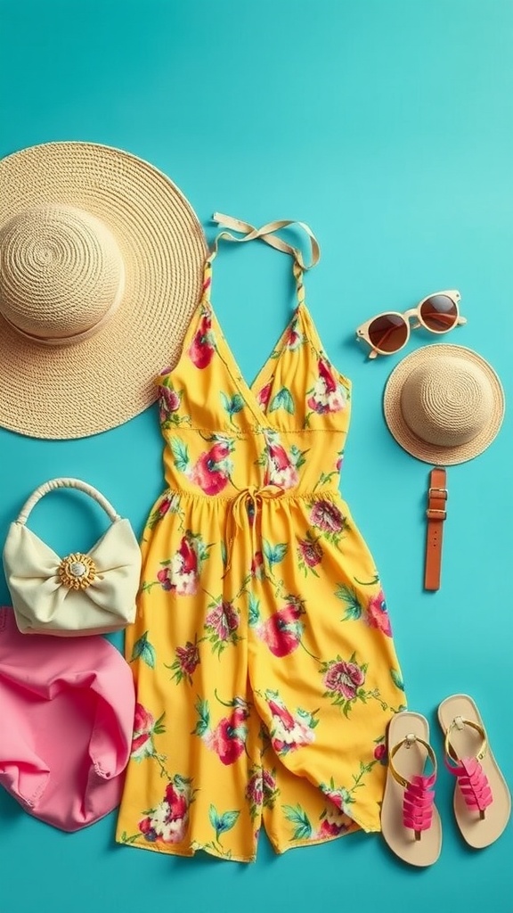 15 Stylish Summer Outfits to Keep You Cool and Chic 32 A vibrant yellow floral jumpsuit surrounded by summer accessories including a straw hat, sunglasses, a handbag, and sandals.