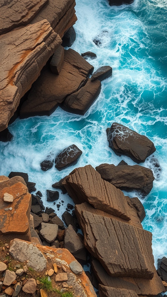 Rocky coastline with turquoise waves crashing against the rocks.