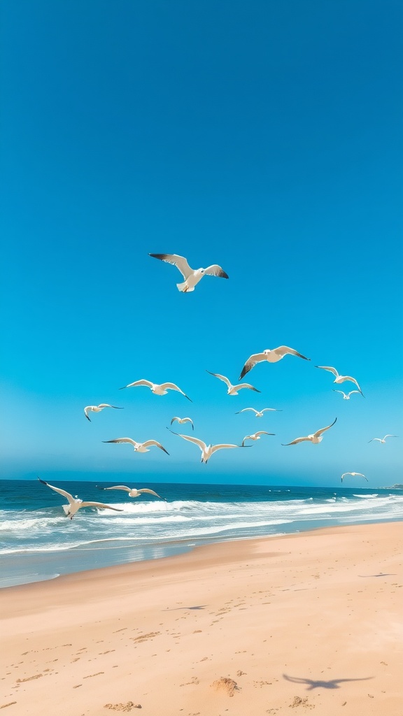 Seagulls soaring above a sandy beach with waves in the background.