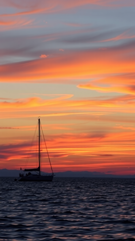 Silhouette of a sailboat at dusk with colorful sky