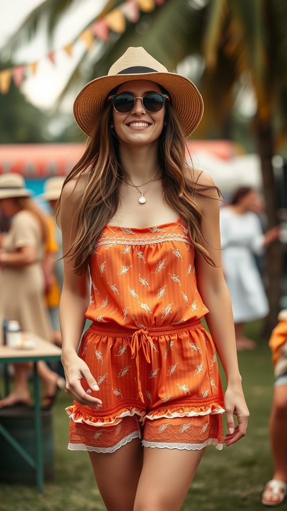 15 Stylish Summer Outfits to Keep You Cool and Chic 27 A young woman wearing an orange romper, hat, and sunglasses, enjoying a summer day at an outdoor event.