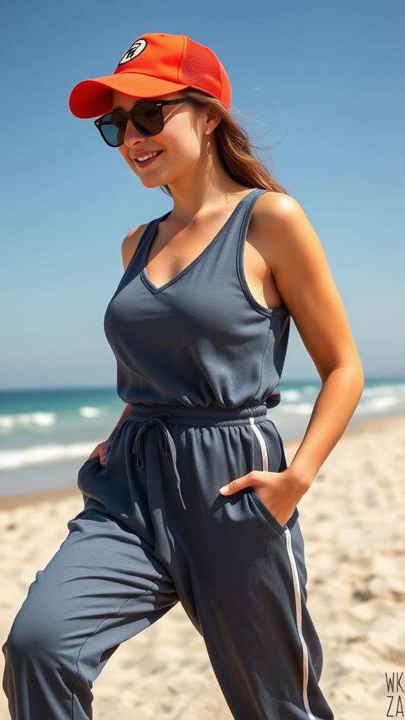 A young woman in a sporty jumpsuit and baseball cap smiles at the beach, showcasing a stylish summer outfit.