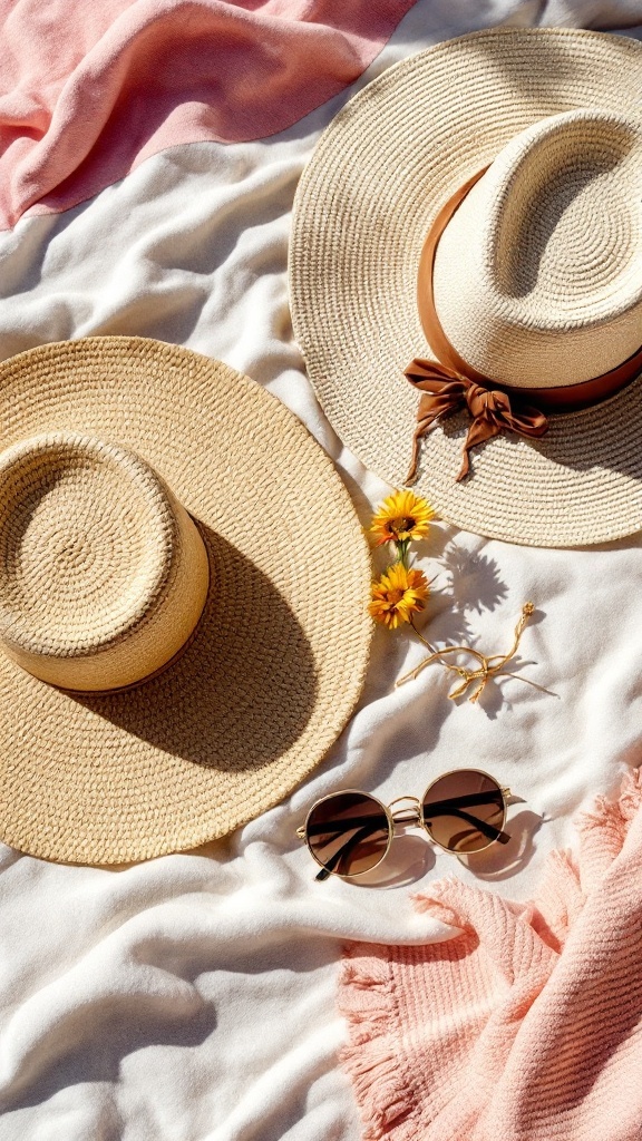 15 Stylish Summer Outfits to Keep You Cool and Chic 31 A variety of stylish hats and sunglasses arranged on a striped surface.