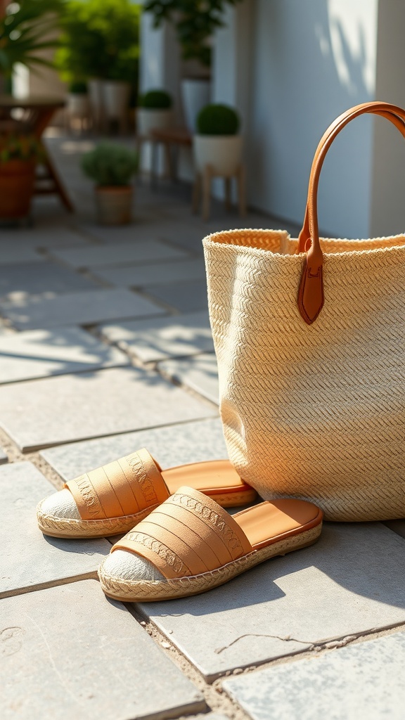 A pair of stylish espadrilles and a matching woven bag on a sunny patio.