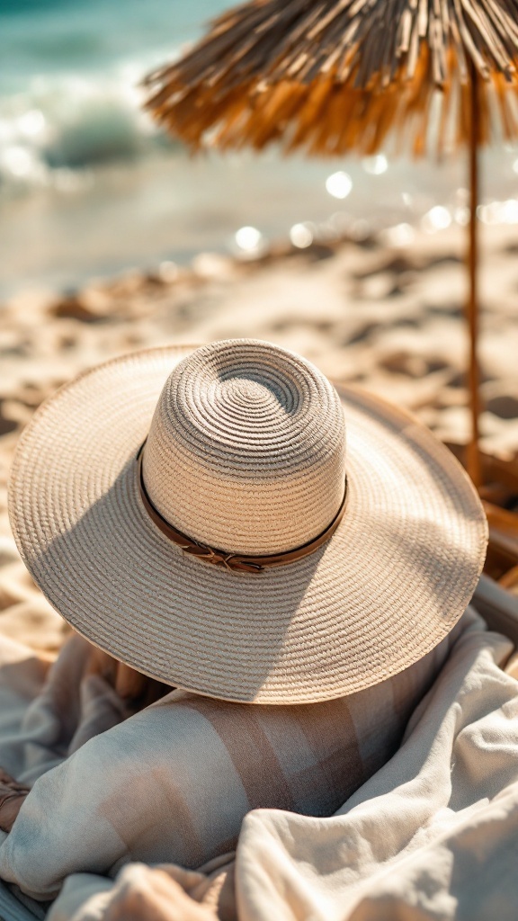7 Essential Items for the Perfect Classic White Beach Outfit 5 A close-up of a straw hat on a beach towel with a beach umbrella in the background.