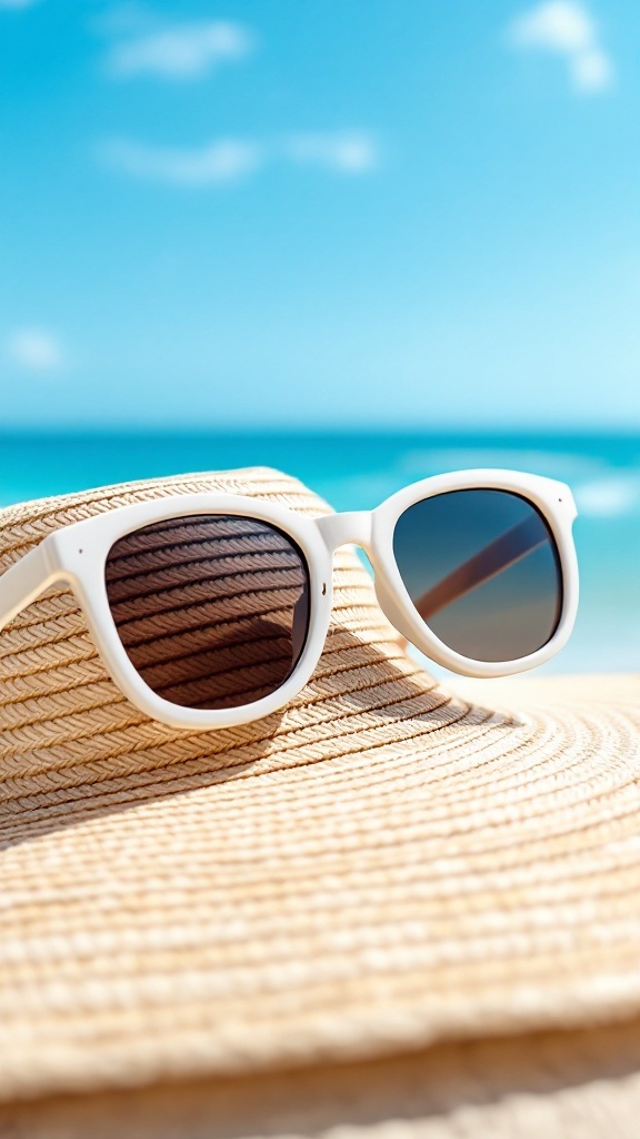 7 Essential Items for the Perfect Classic White Beach Outfit 3 Stylish white sunglasses resting on a straw hat with a scenic beach backdrop.