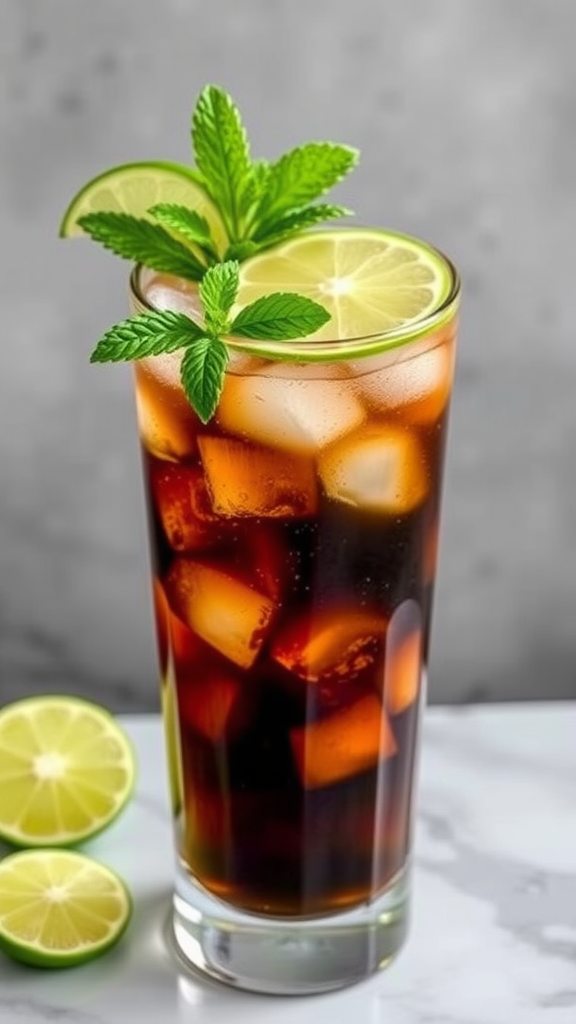 A refreshing Cuba Libre cocktail with rum, cola, and lime, garnished with lime, on a wooden bar.