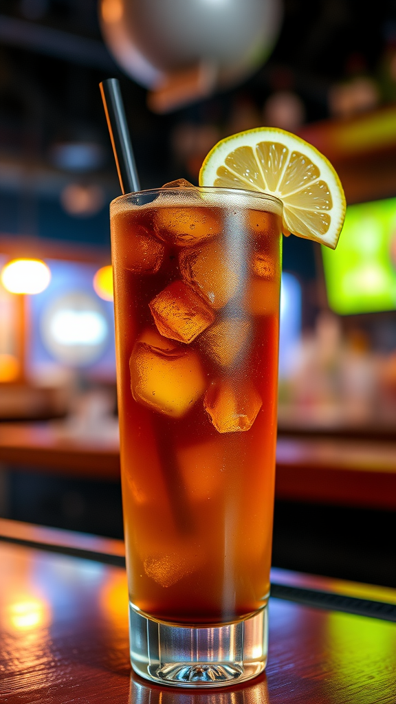 A refreshing Long Island Iced Tea cocktail in a tall glass with a lemon wedge, on a stylish bar counter.