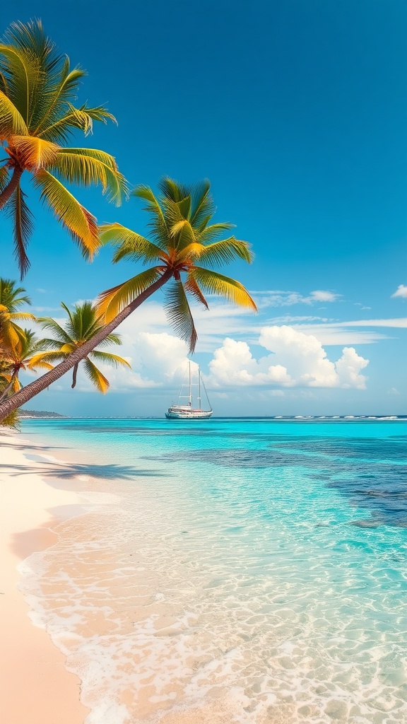 Tropical beach scene with palm trees and a clear blue ocean