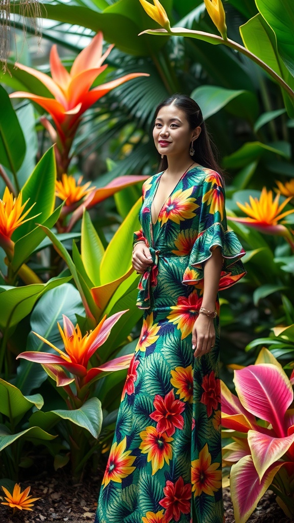 A woman wearing a tropical print dress surrounded by colorful flowers and lush greenery