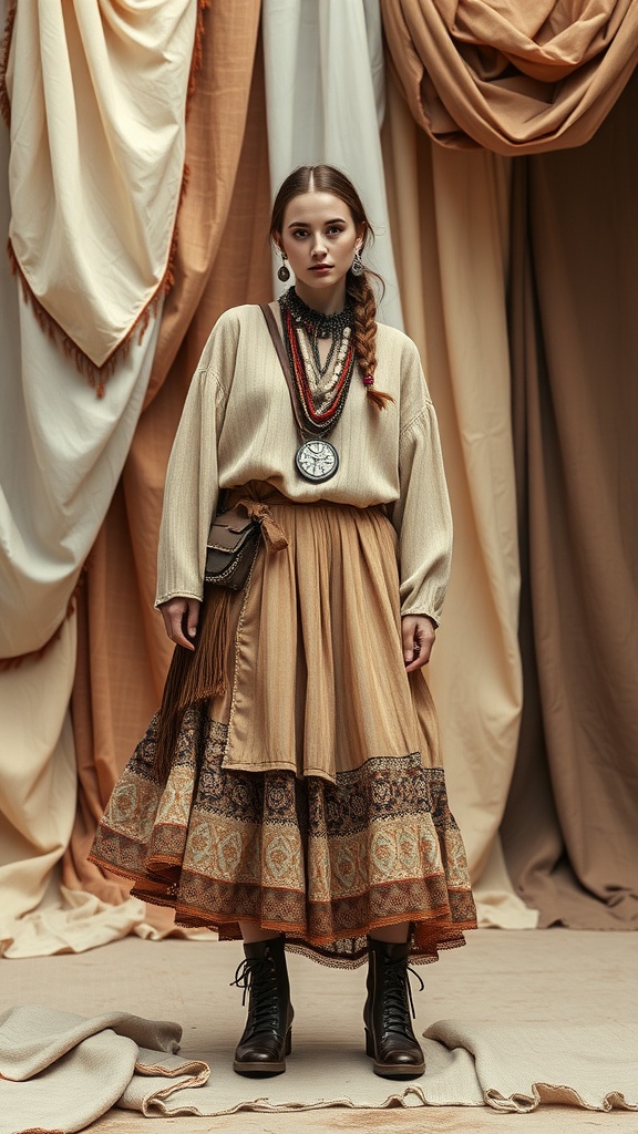 A model showcasing whimsical bohemian layering with a cozy oversized sweater, a patterned long skirt, and layered accessories.