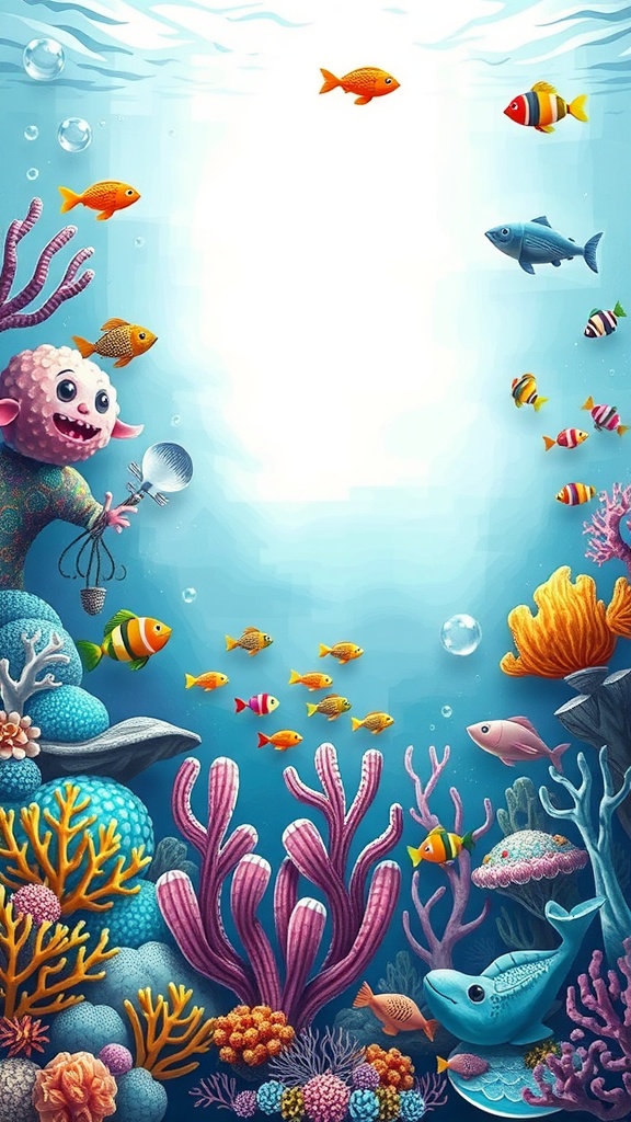 A whimsical underwater scene featuring colorful fish, coral reefs, and a playful character.