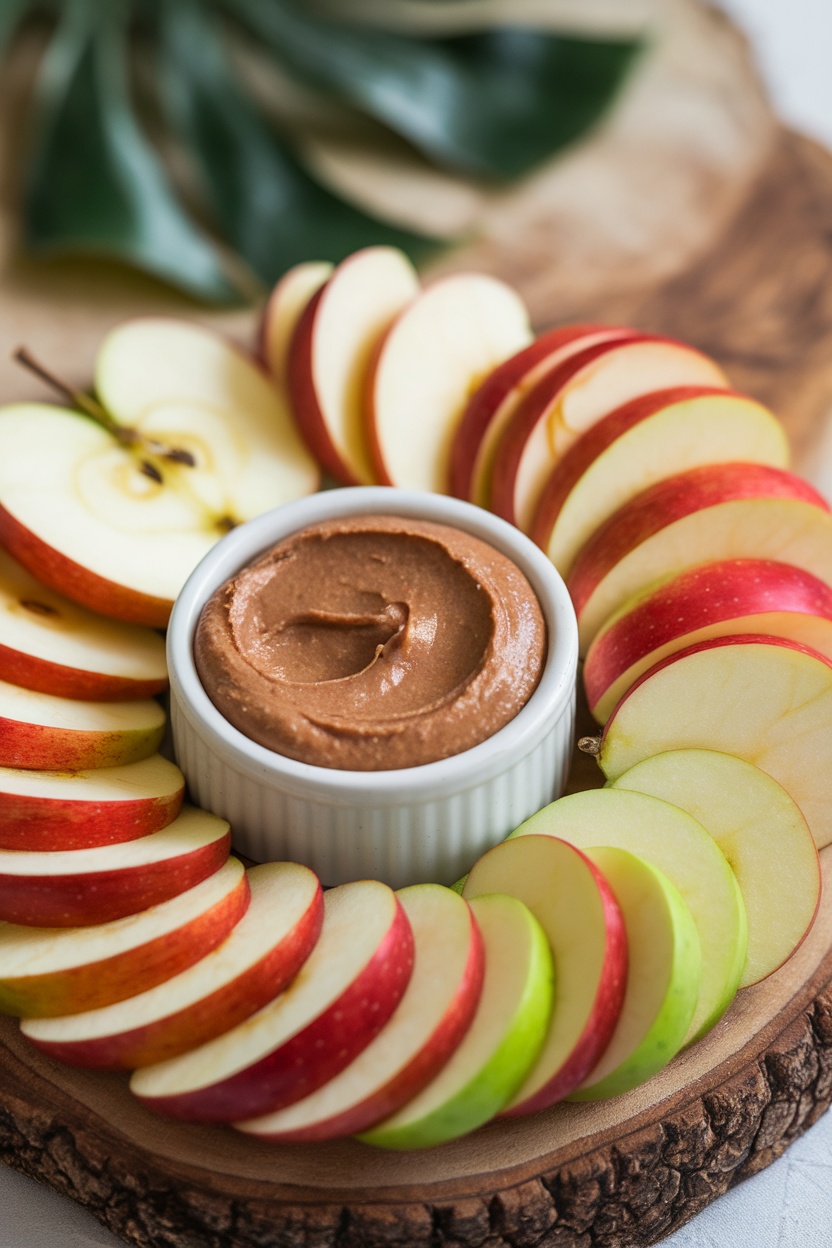 Healthy apple slices arranged with almond butter in a bowl.
