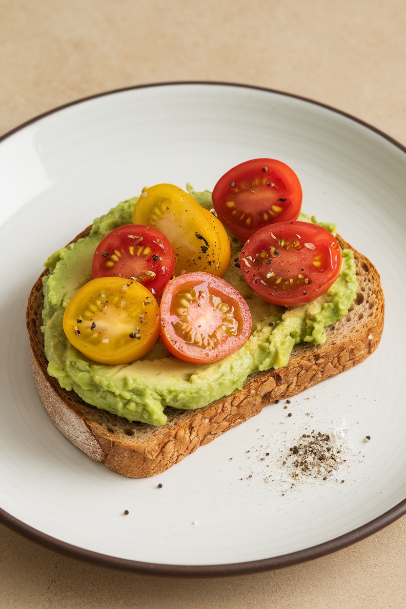 A healthy avocado toast topped with colorful cherry tomatoes on a plate.