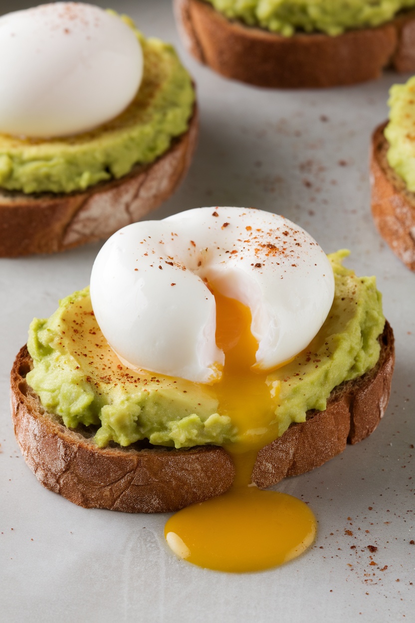 Avocado toast topped with a poached egg and spices