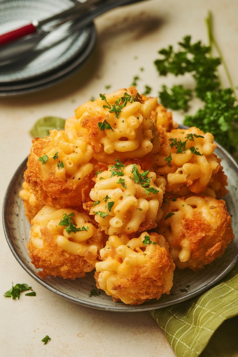 Plate of baked mac and cheese bites topped with parsley