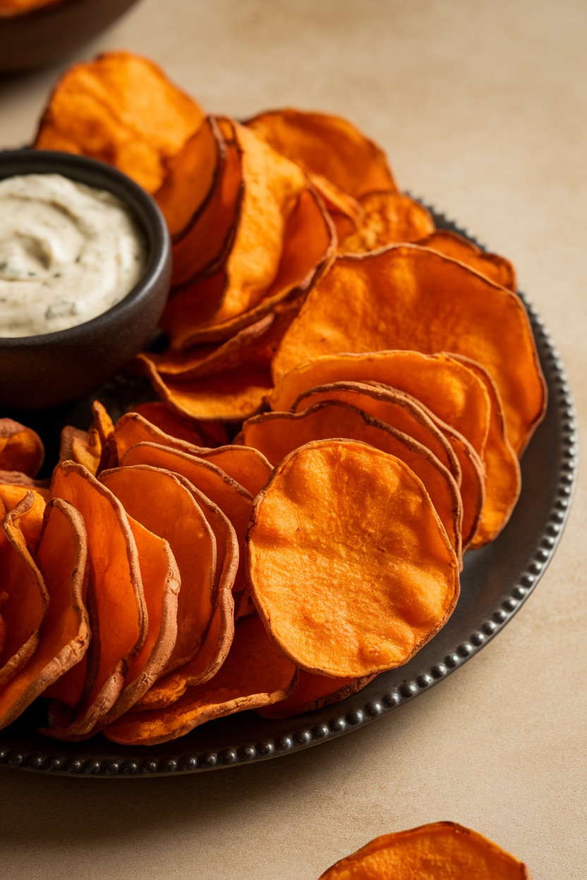 Baked sweet potato chips served with a dip