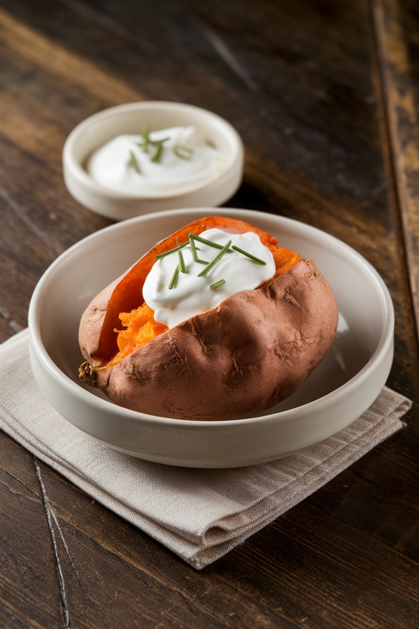 Baked sweet potato topped with yogurt and chives