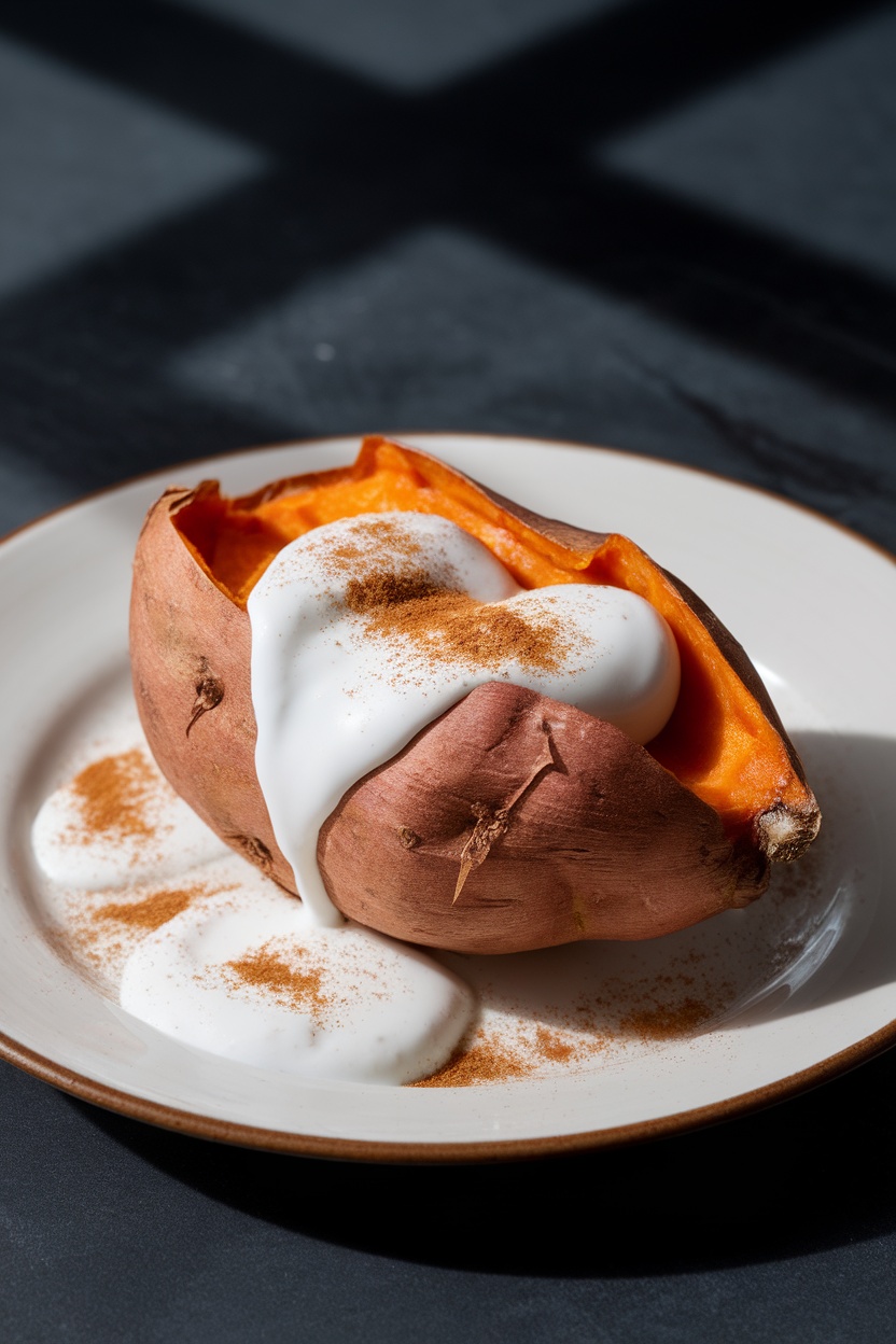 A baked sweet potato topped with yogurt and sprinkled with cinnamon on a plate.