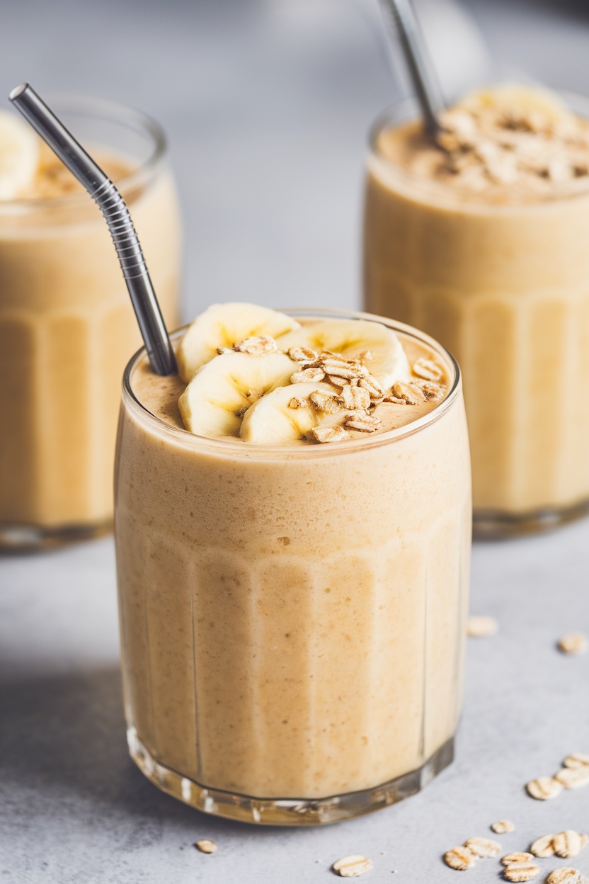A delicious banana oatmeal smoothie in a glass topped with banana slices and oats.