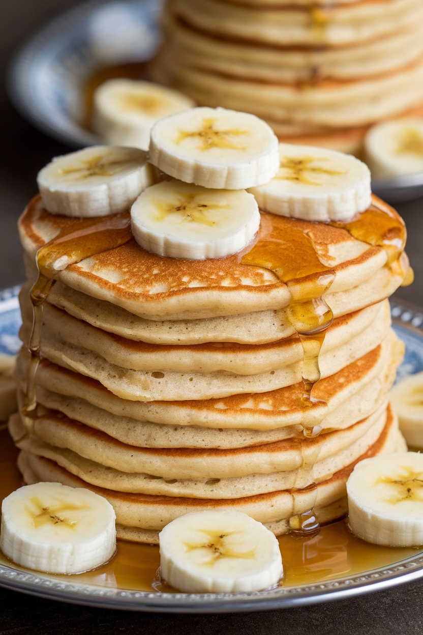 Delicious stack of banana pancakes topped with banana slices and syrup