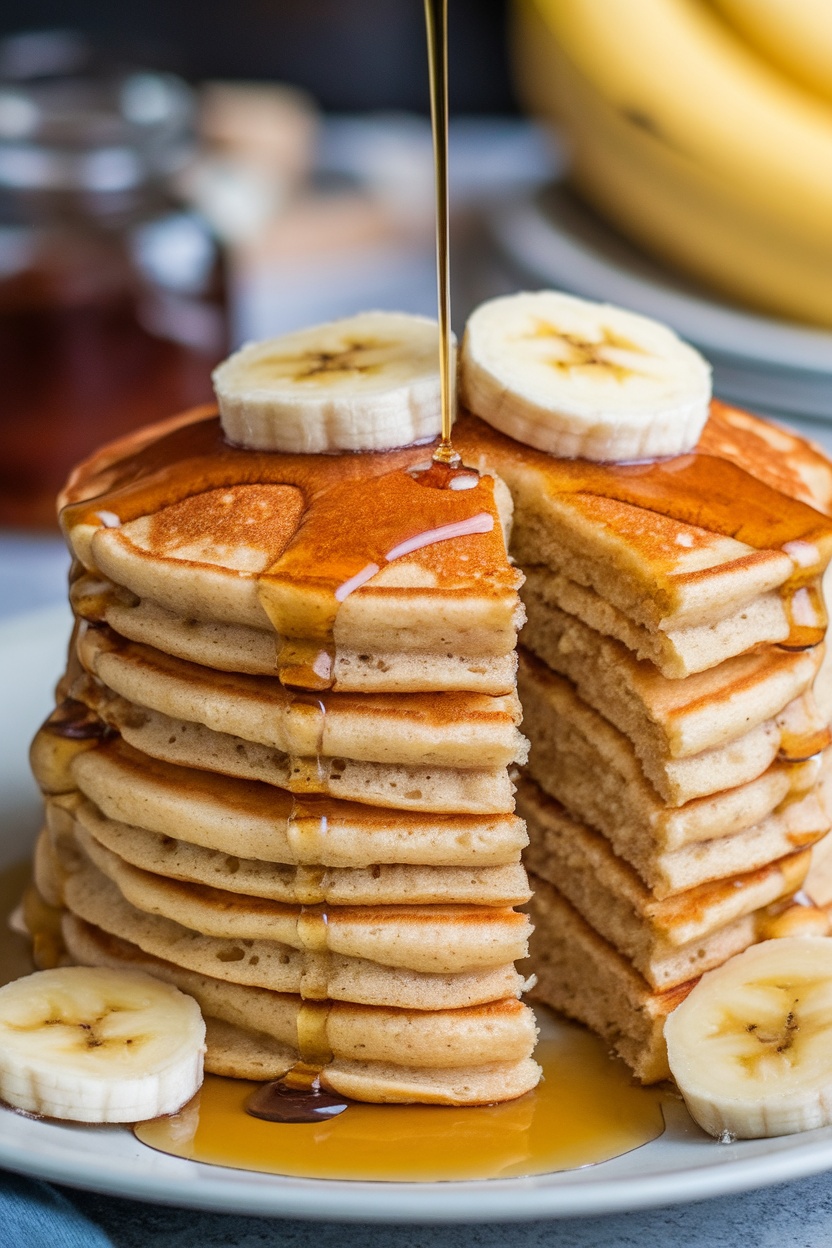 Fluffy banana pancakes stacked with syrup and banana slices