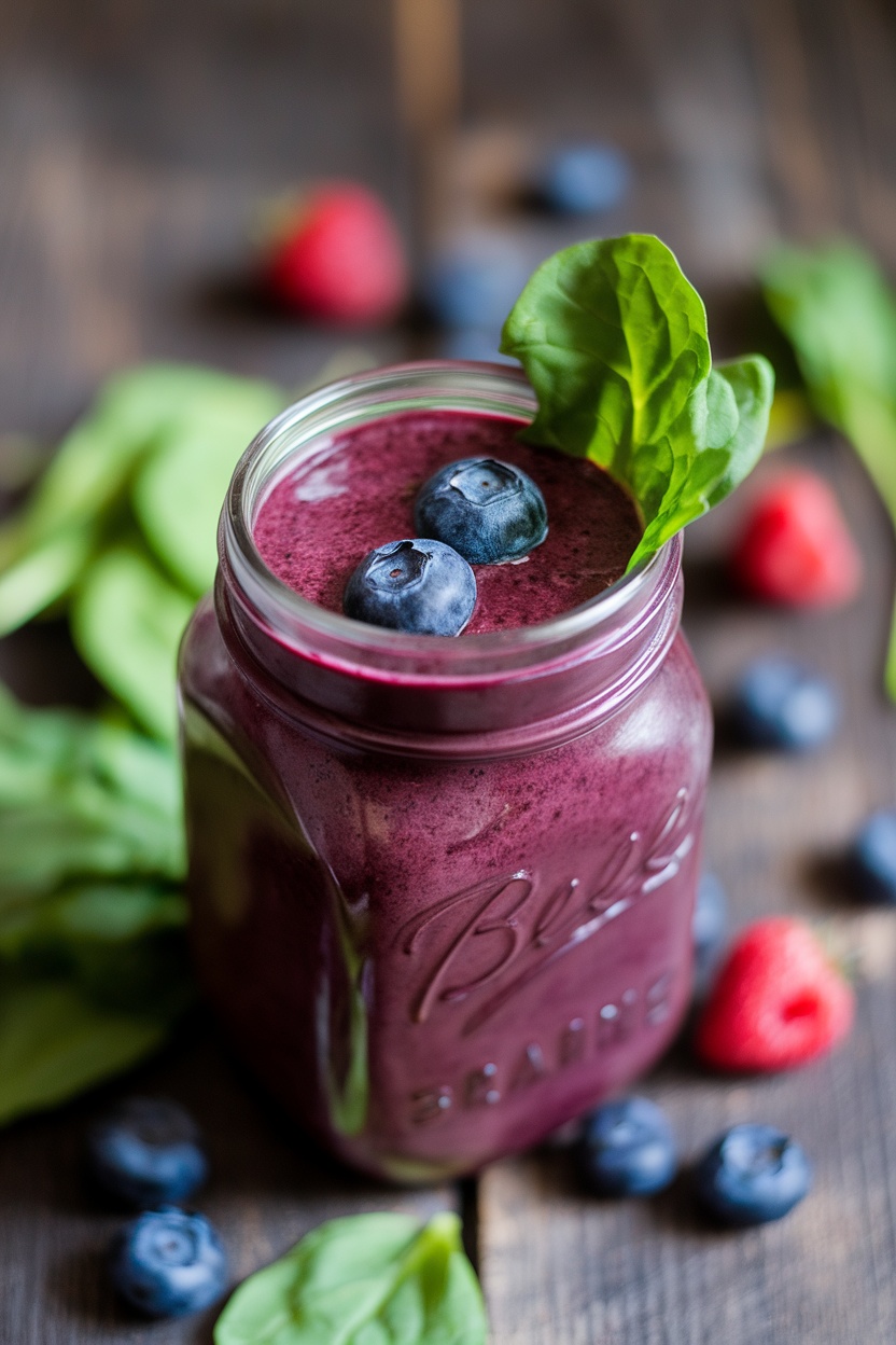 A vibrant berry spinach smoothie in a jar, topped with blueberries and a spinach leaf.
