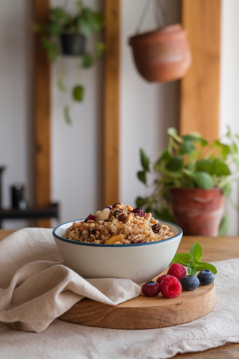 A bowl of breakfast quinoa topped with nuts and dried fruits