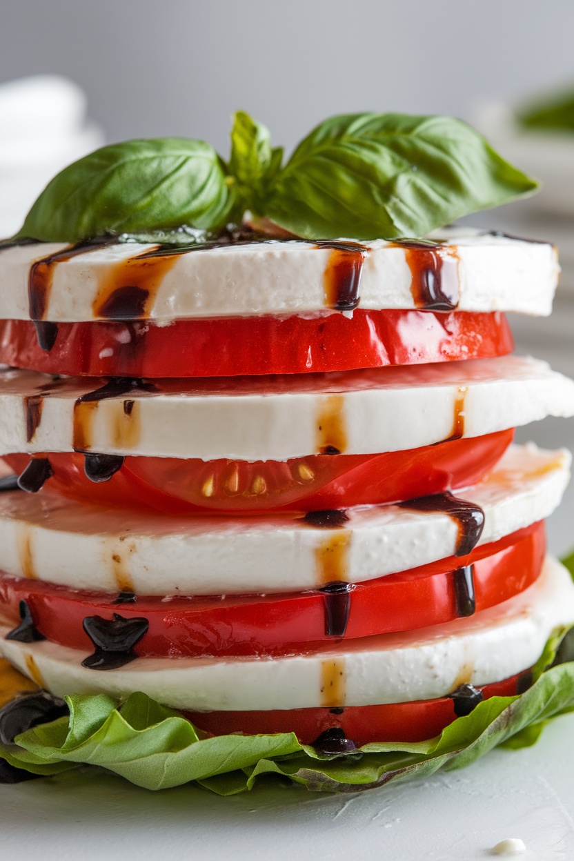 Close-up of a layered Caprese salad with tomato, mozzarella, and basil drizzled with balsamic glaze.