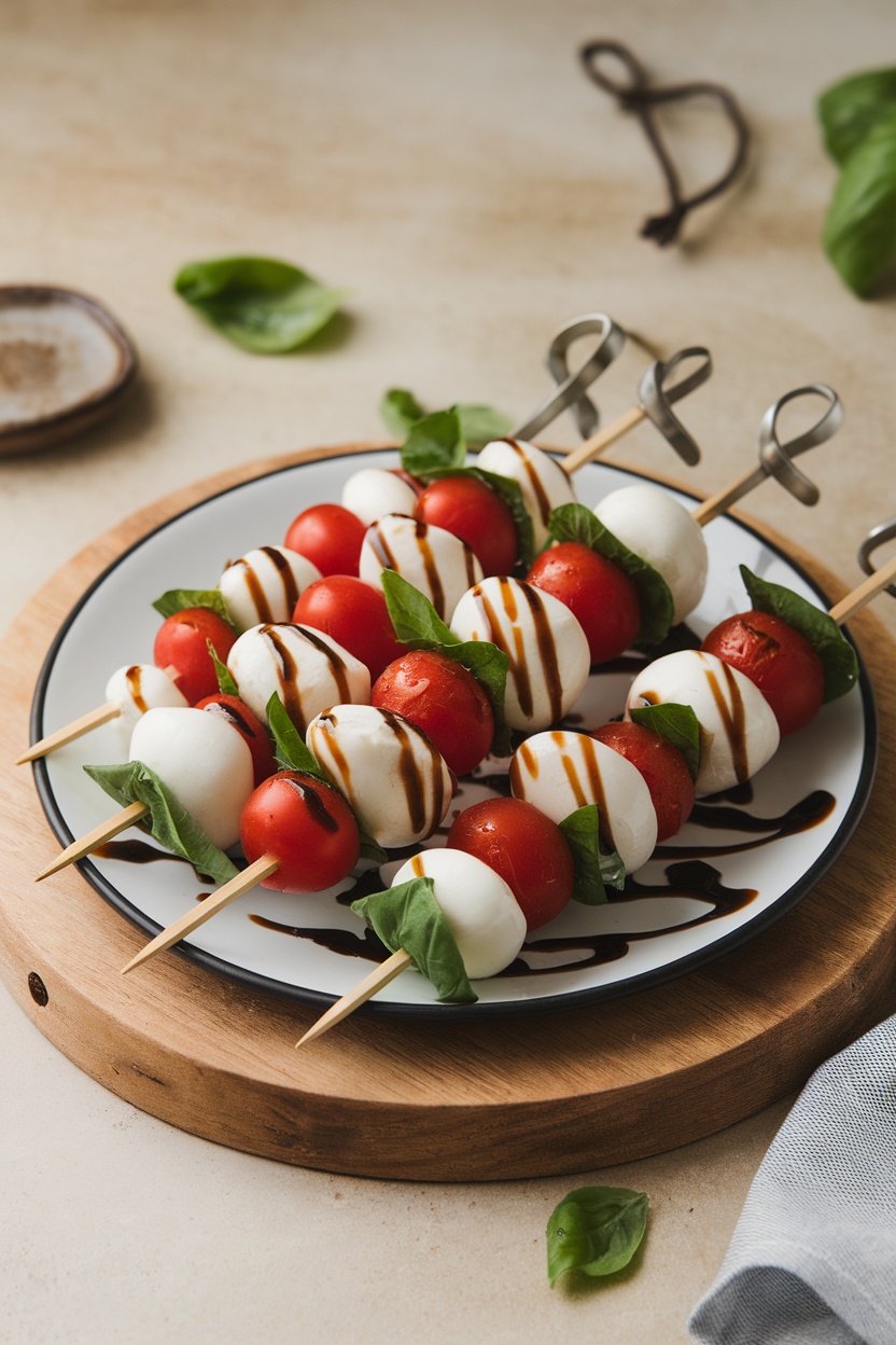 Plate of Caprese skewers with mozzarella, tomatoes, and basil drizzled with balsamic glaze.