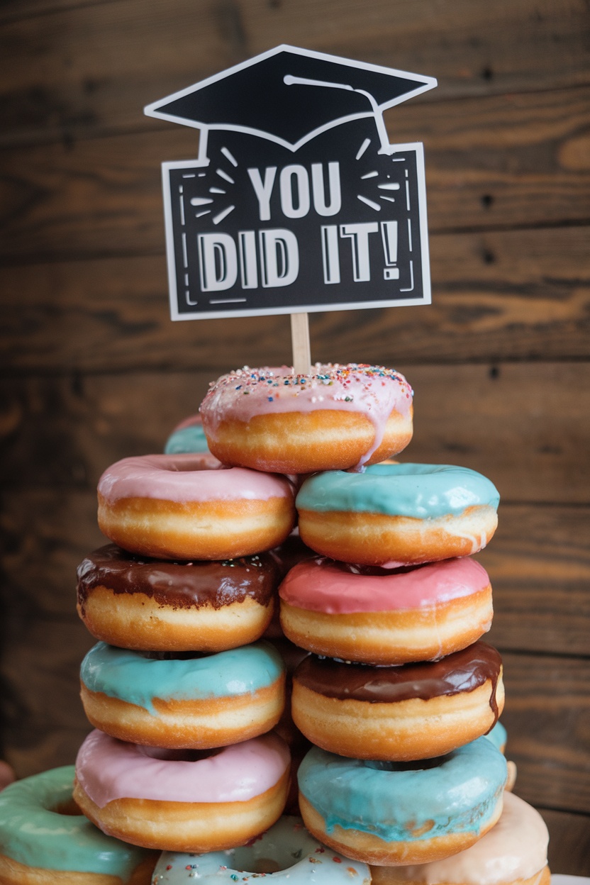 A tower of colorful donuts topped with a sign that reads 'You Did It!'