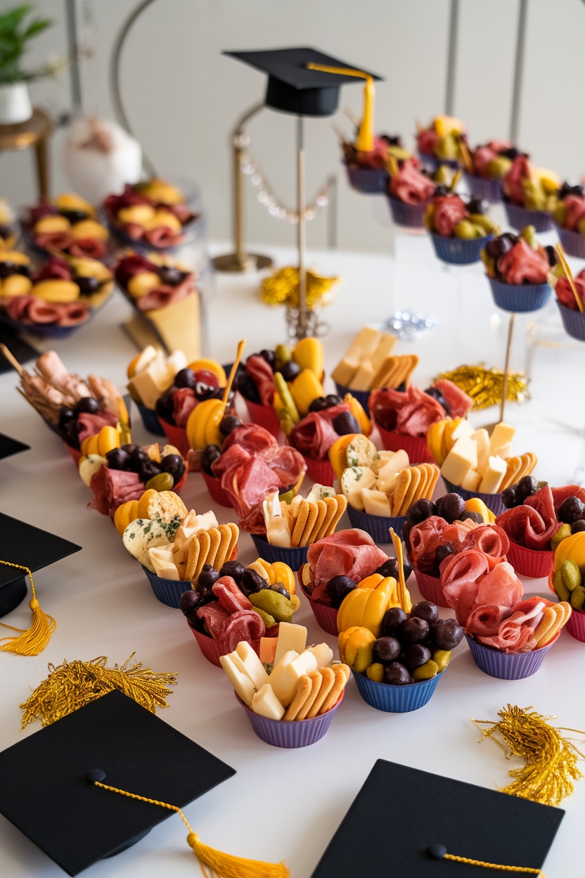 Colorful charcuterie cups filled with meats, cheeses, and fruits, decorated for a graduation party.