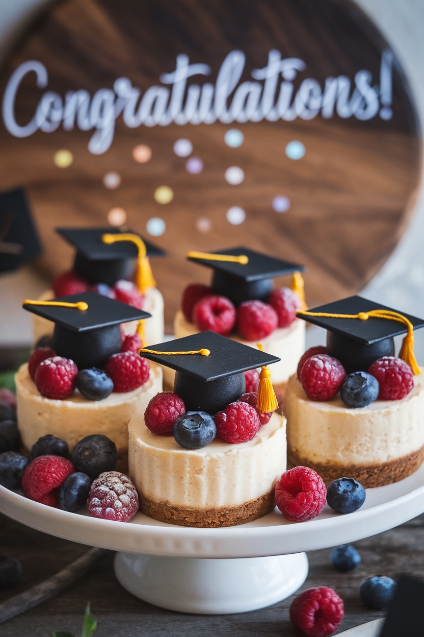 Mini cheesecake tarts decorated with fresh berries and graduation caps, placed on a white plate.