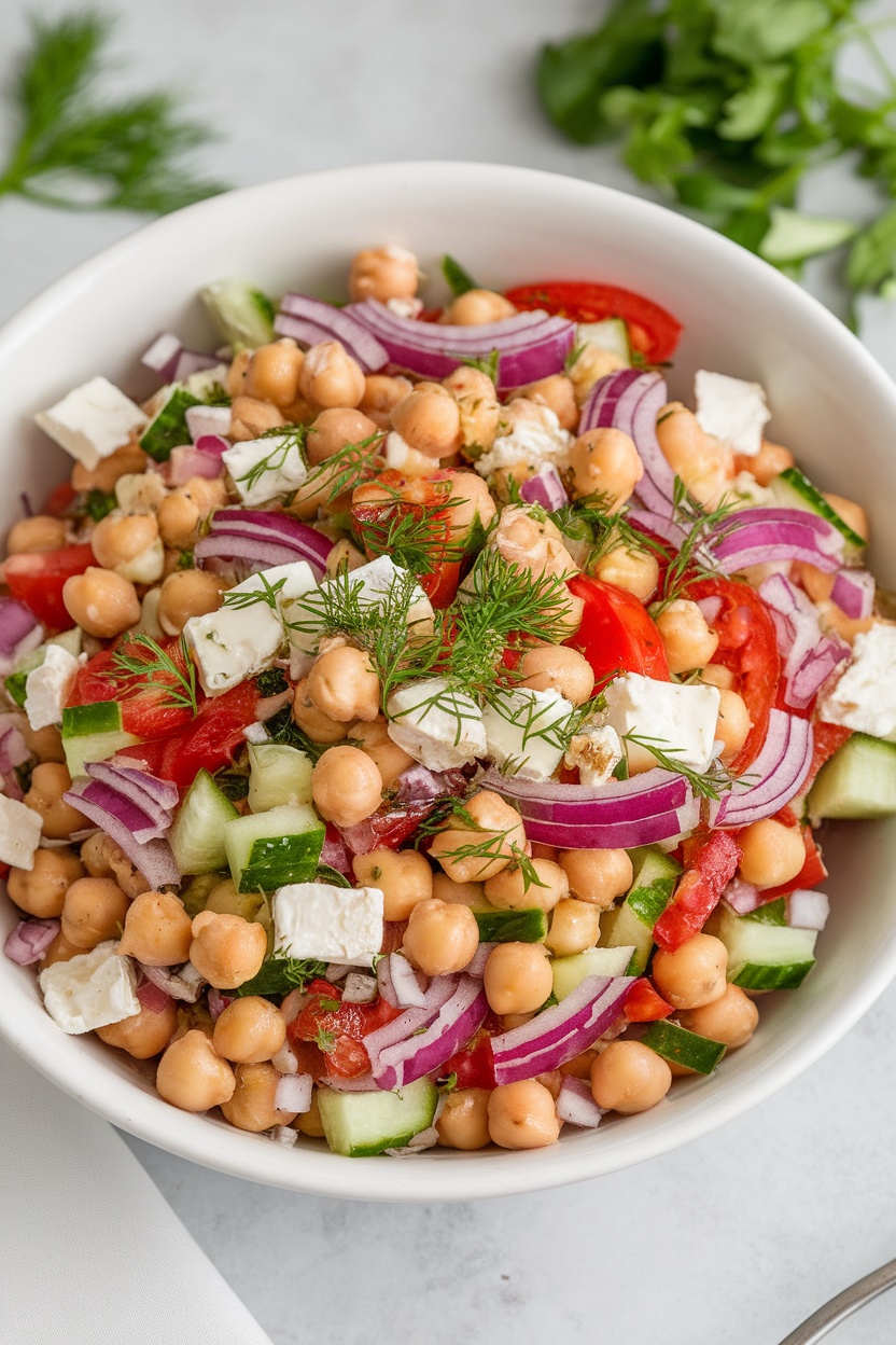A bowl of colorful chickpea salad with feta cheese and fresh vegetables